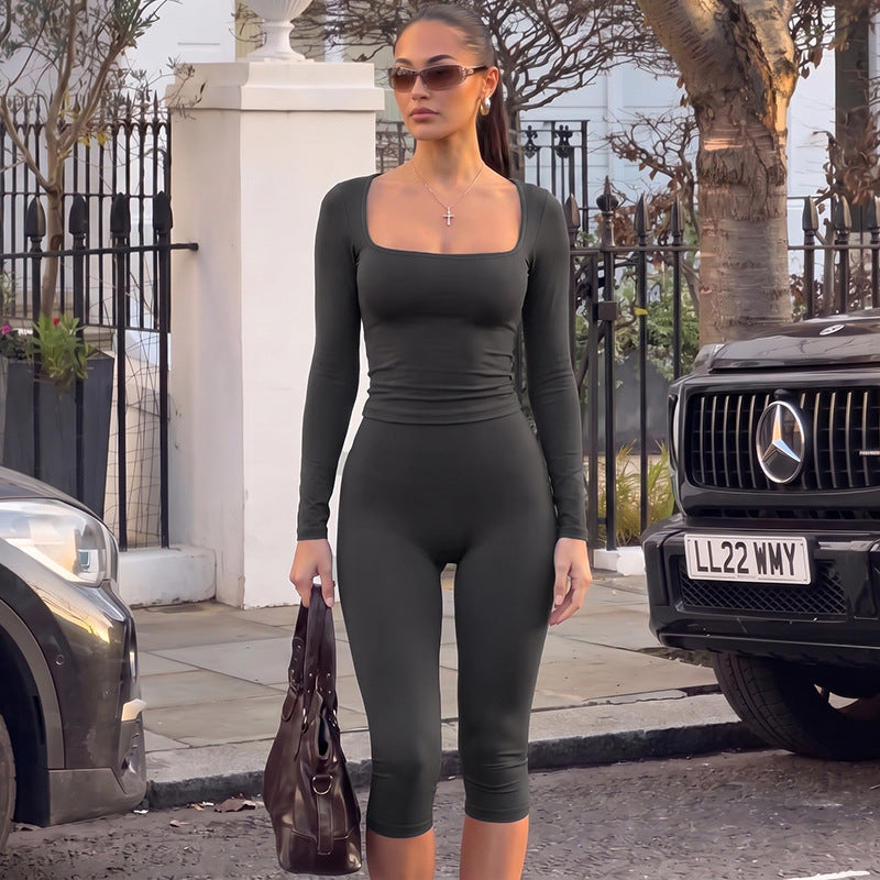Women's Long-Sleeve Top and Yoga Shorts Set