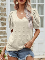 Women's V-Neck Puff-Sleeve Top – Short-Sleeve Casual Blouse