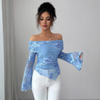 Asymmetric Embroidered Bell-Sleeve Top