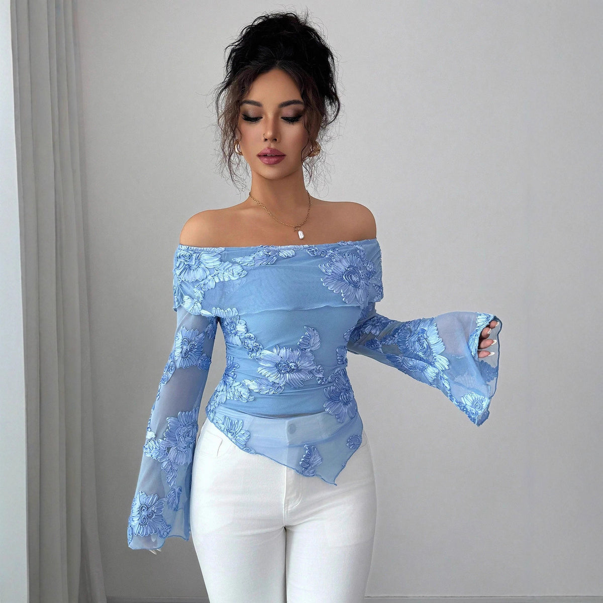 Asymmetric Embroidered Bell-Sleeve Top