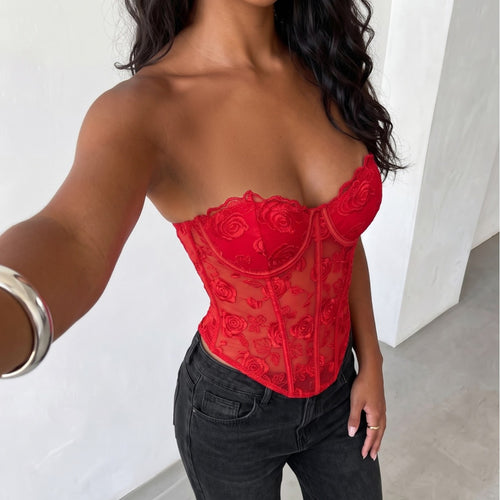 Sexy Rose Mesh Embroidery Boning Corset See through Corset Steel Ring Slim Fit Sexy Tube Top