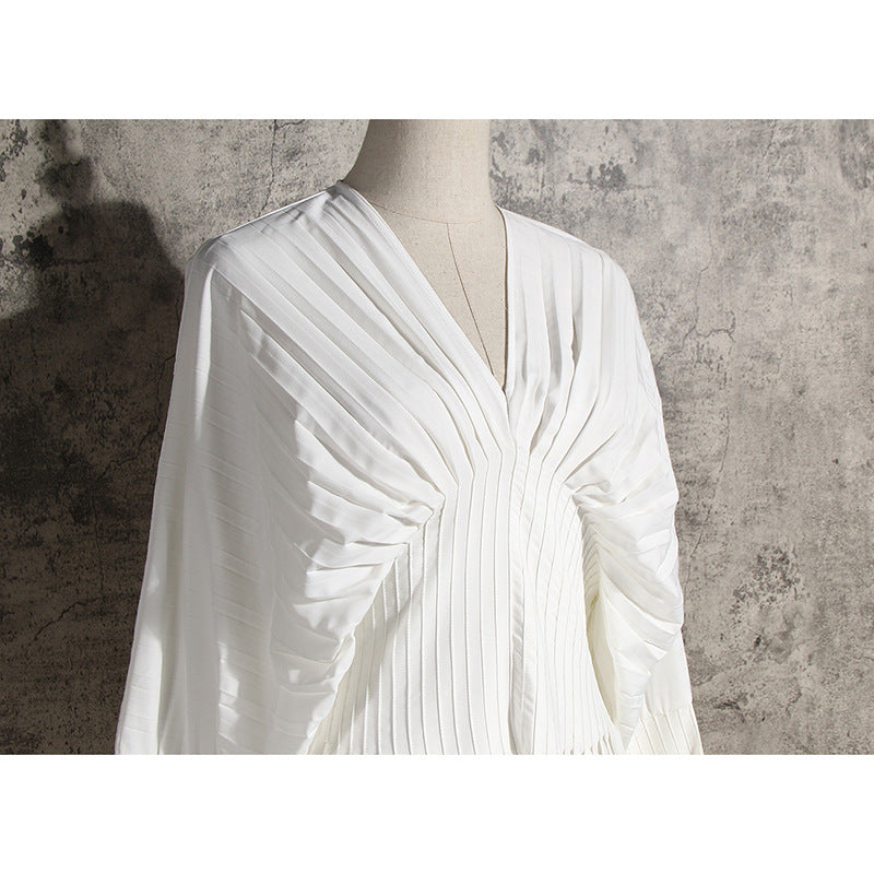 Pleated V-Neck Long-Sleeve Dress