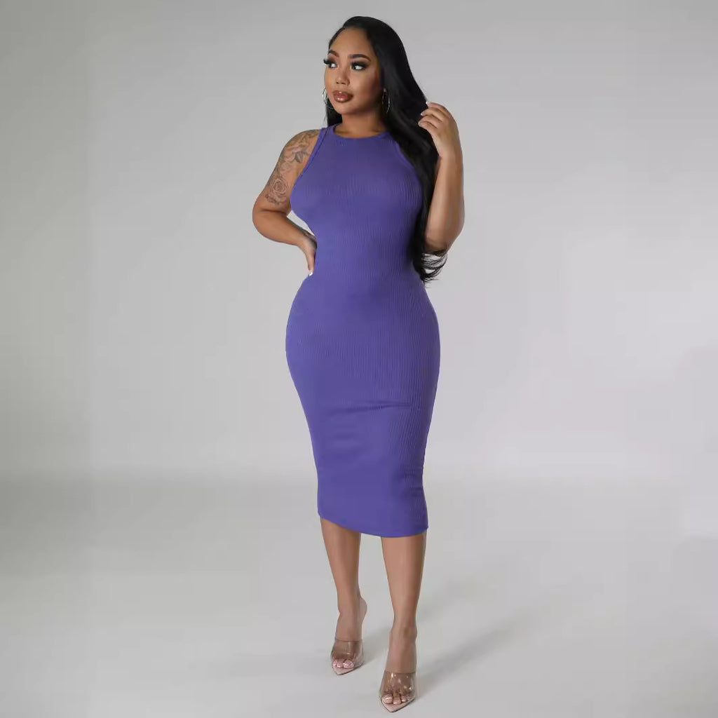 Round-Neck Sleeveless Sheath Midi Dress