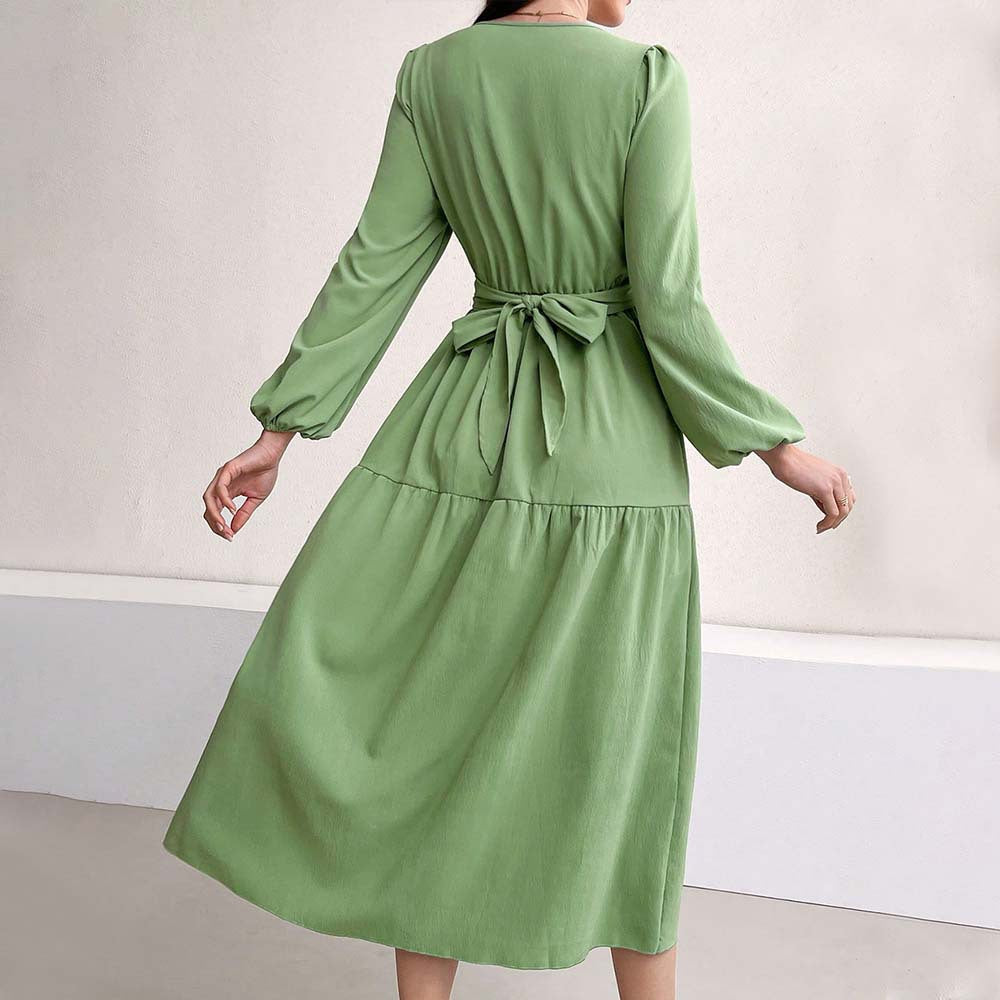 Women's Elegant Youthful Looking Dress Little Fresh V neck Green