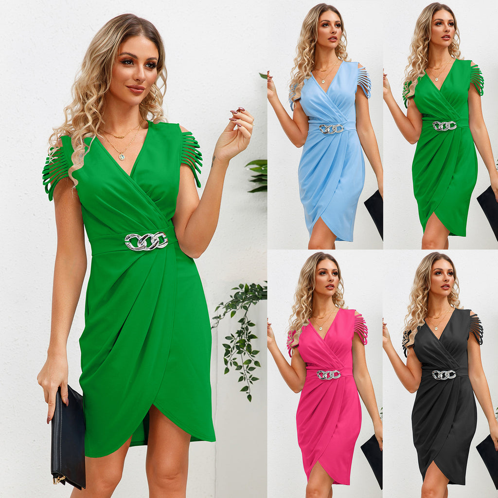 V-Neck Pleated Waist Tight V-Neck Short-Sleeve Dress Elegant