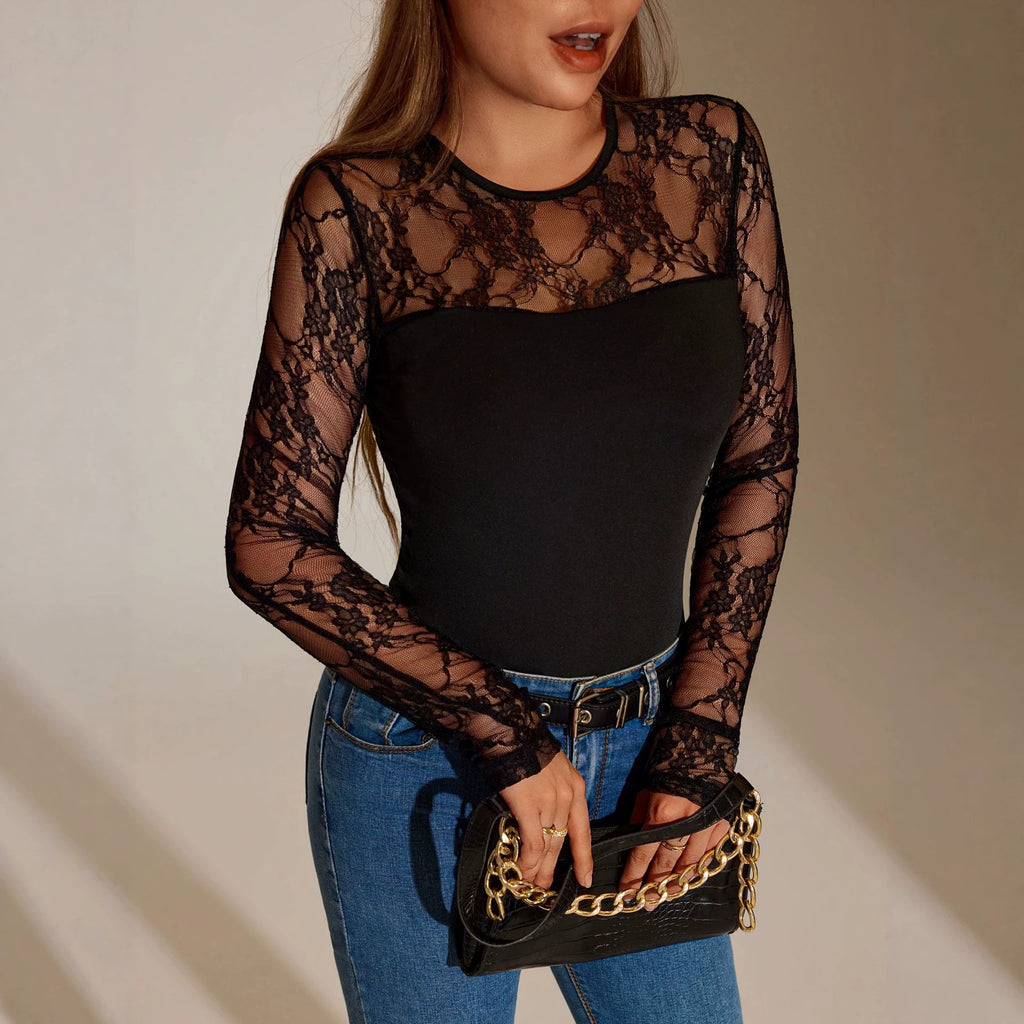 Women Clothing Lace Knitted Top Mesh Hollow Out CO Slim Fit