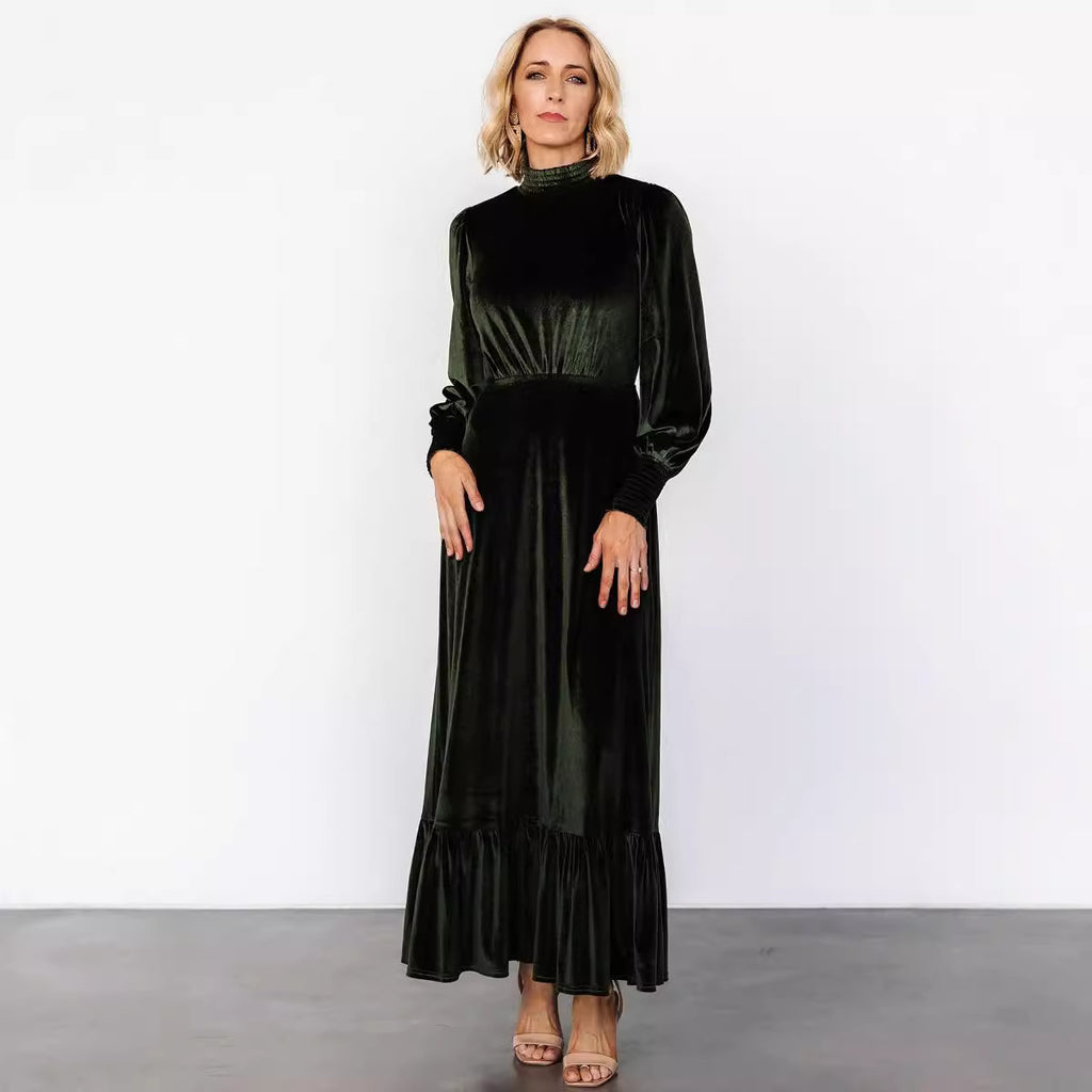 Gold Velvet High-Neck Drawstring-Sleeve Dress
