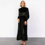 Gold Velvet High-Neck Drawstring-Sleeve Dress