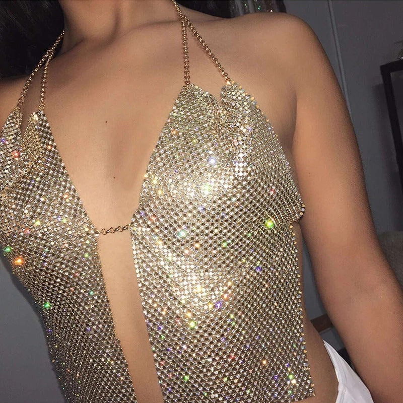 Flashing Rhinestone Deep V Plunge Chain Backless Halter Sling