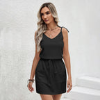 Women's V-Neck Tie Pocket Sleeveless A-Line Mini Dress