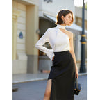 Women’s White Asymmetric Ruffle One Shoulder Top