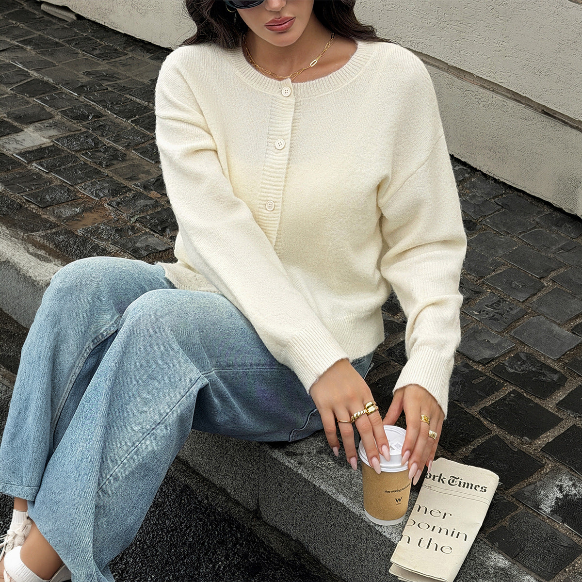 Women's Autumn Plush Crew-Neck Button Cardigan