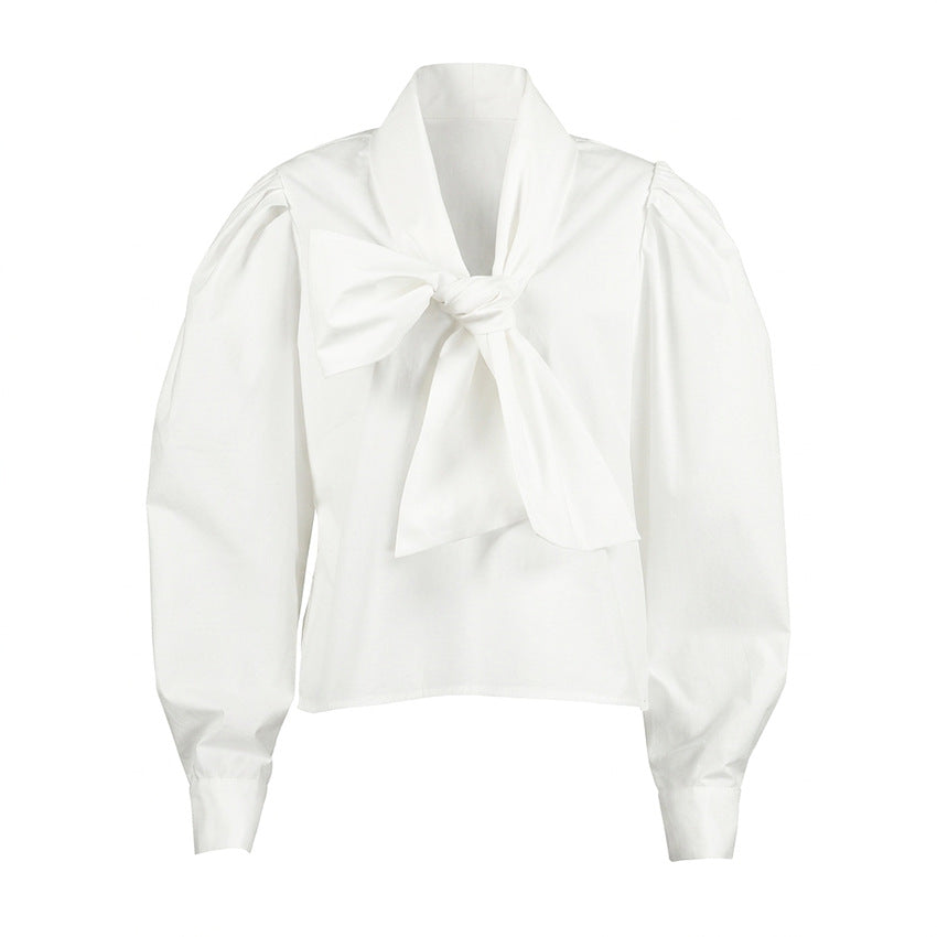Fall Pure Cotton Shirt Women Bow Bandage Loose Casual Long