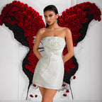 Women's Strapless Three Dimensional Floral Jacquard White Dress Tight Waist