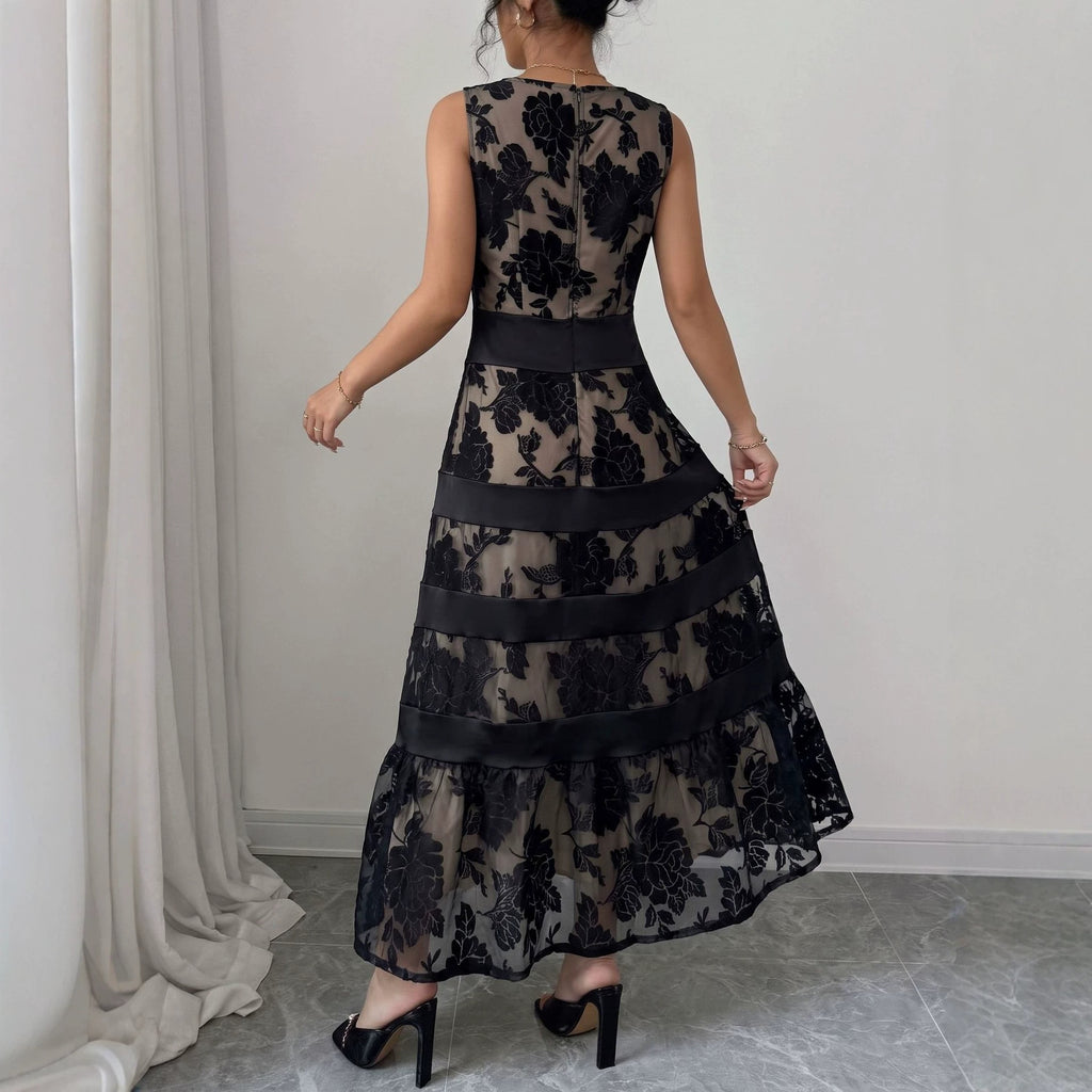 Women's Floral Flocked Lace Midi Cocktail Dress