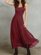 Square-neck sleeveless summer dress in burgundy with flared pleated skirt