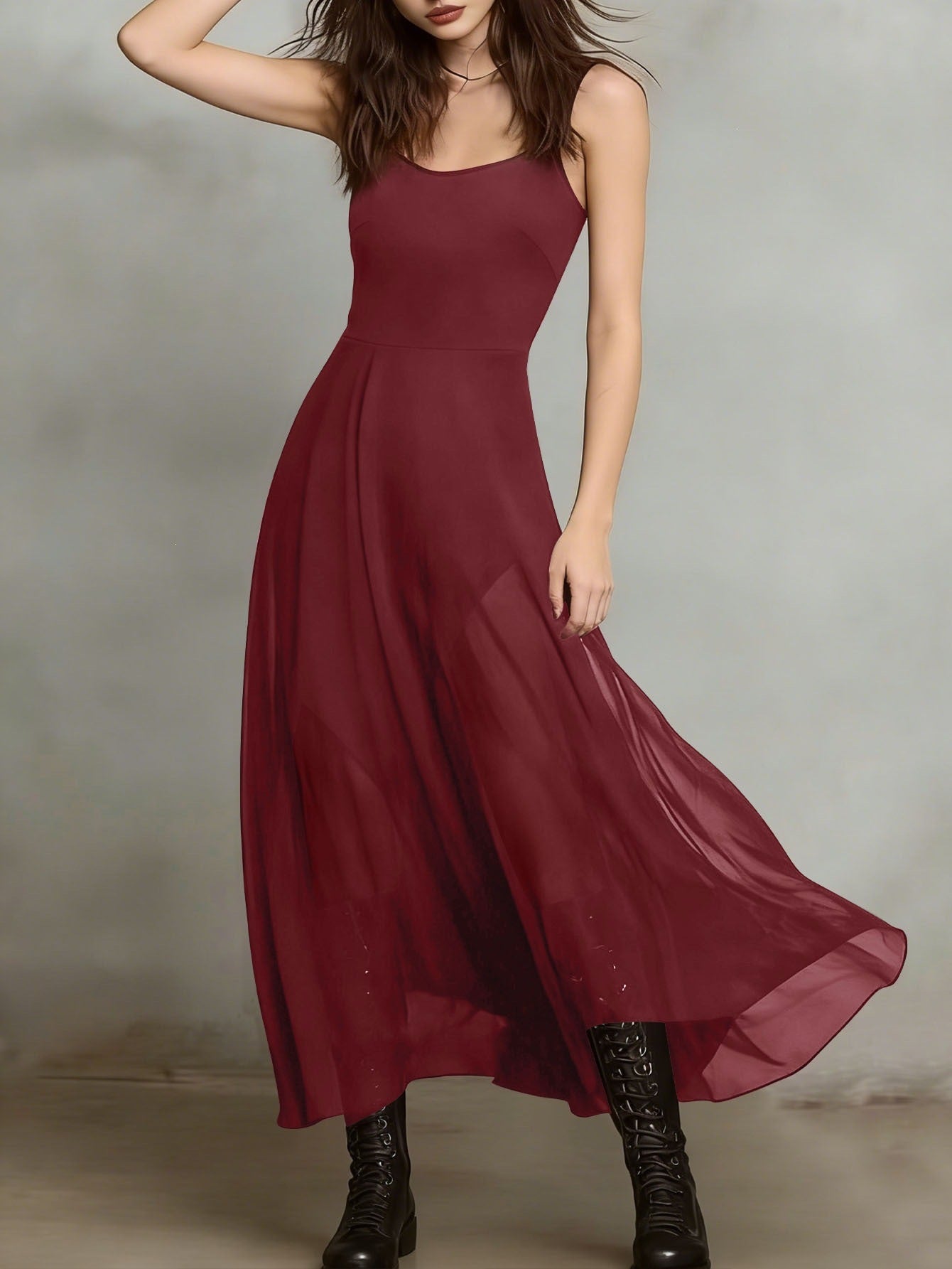 Square-neck sleeveless summer dress in burgundy with flared pleated skirt