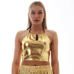 Series Neck Tube Top Backless Metal Patent Leather Sling Slim Vest