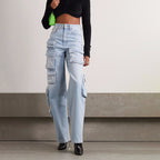 Retro Light Blue Washed High Waist Cargo Zipper Jeans