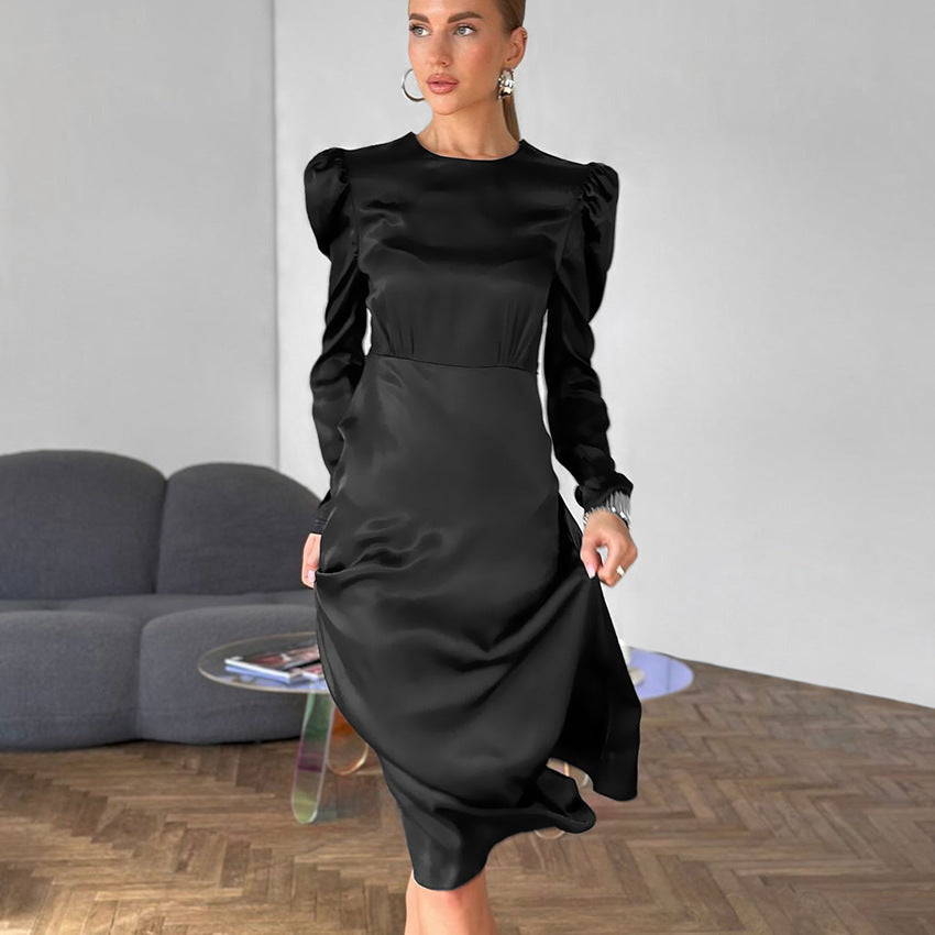 Black Satin Puff-Sleeve Office Dress
