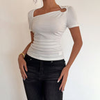 Women's Ribbed Asymmetric Short Sleeve Top