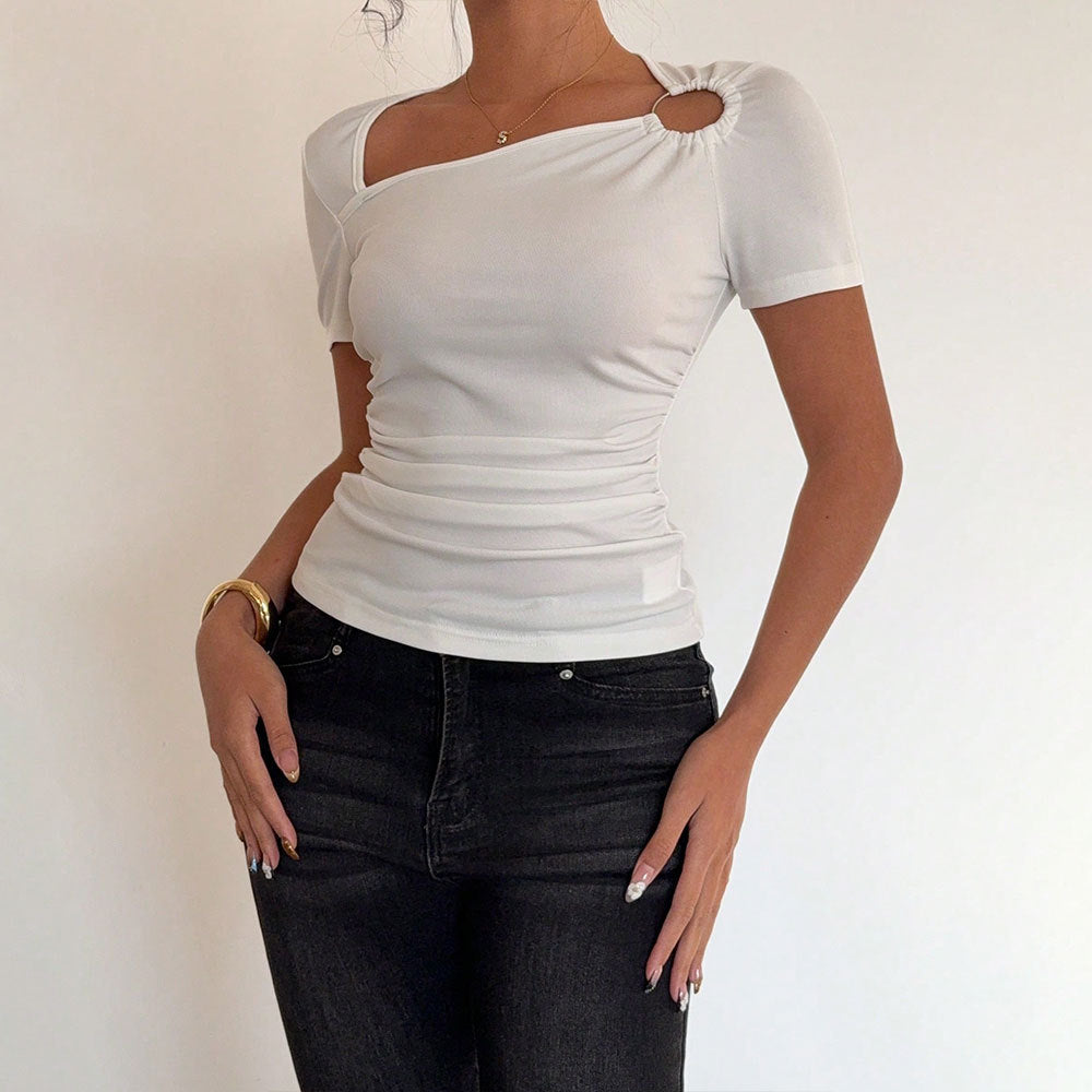 Women's Ribbed Asymmetric Short Sleeve Top