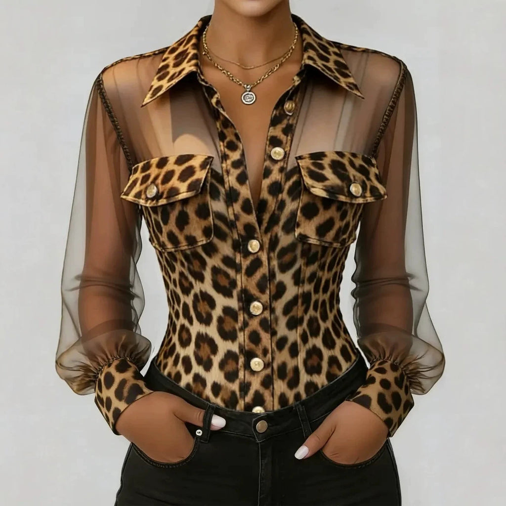 Leopard Splicing Mesh Pocket Elegant Button Shirt