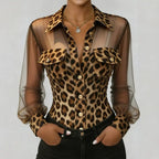 Leopard Splicing Mesh Pocket Elegant Button Shirt