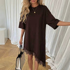 Dark brown short-sleeve summer dress with loose fit and scalloped lace-trim hem