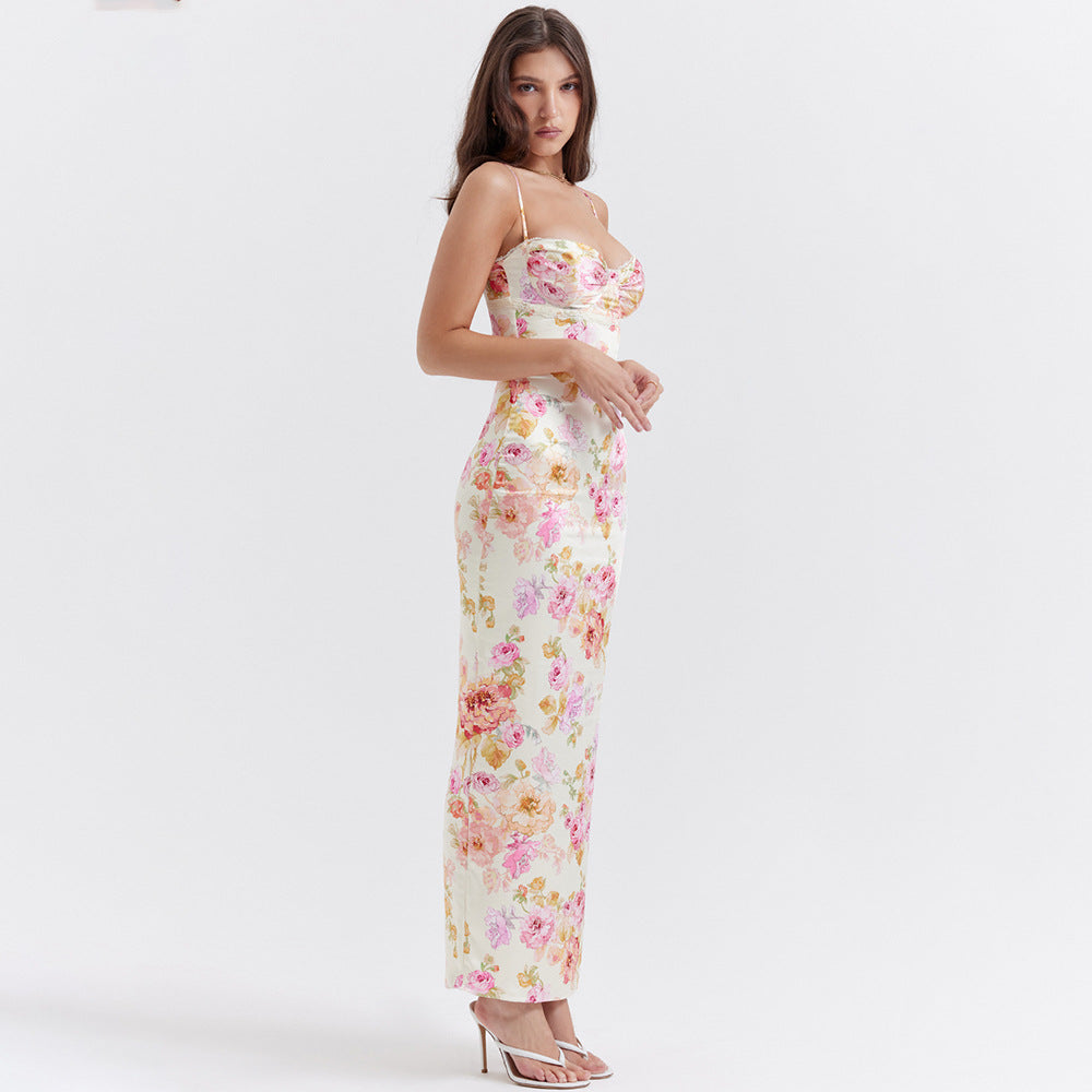 Dress Printed Strap Backless Slit Vacation Floral for