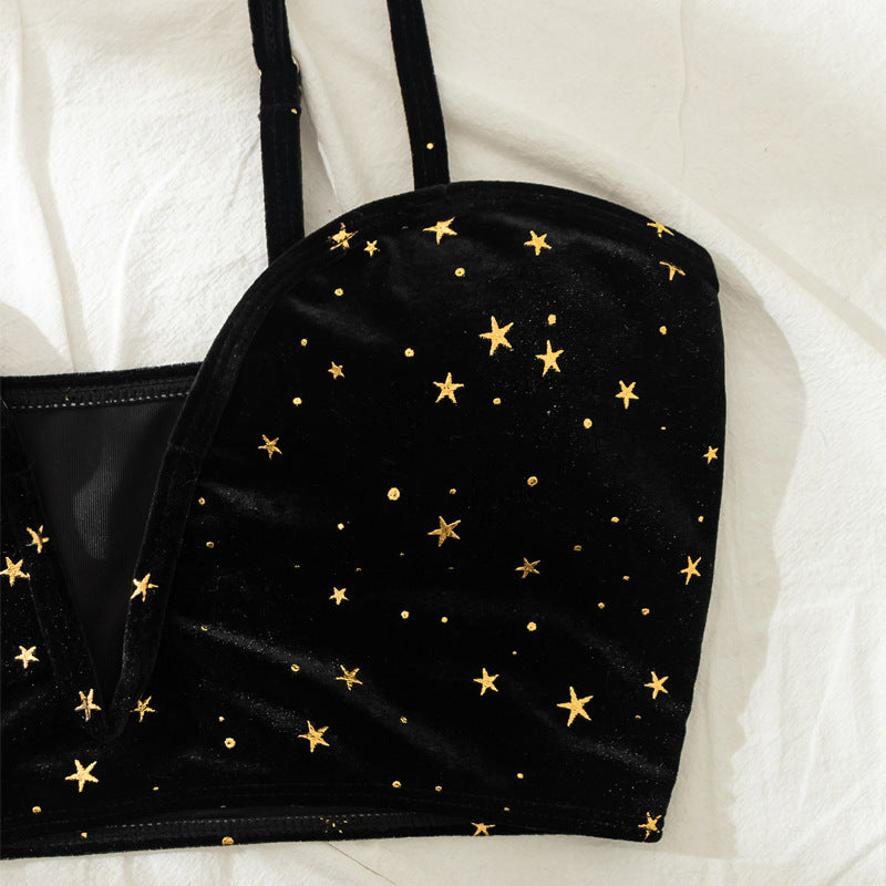 Black bikini bra with gold star pattern and thin adjustable straps
