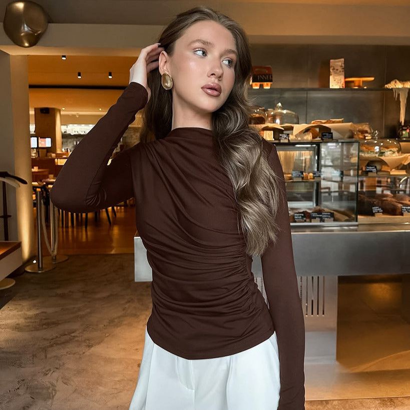 Women's Pleating Slim Waist Tight Long Sleeve Bottoming Shirt