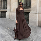 Women's Simple Retro Solid Color Square Collar Pleated Long Sleeve Dress