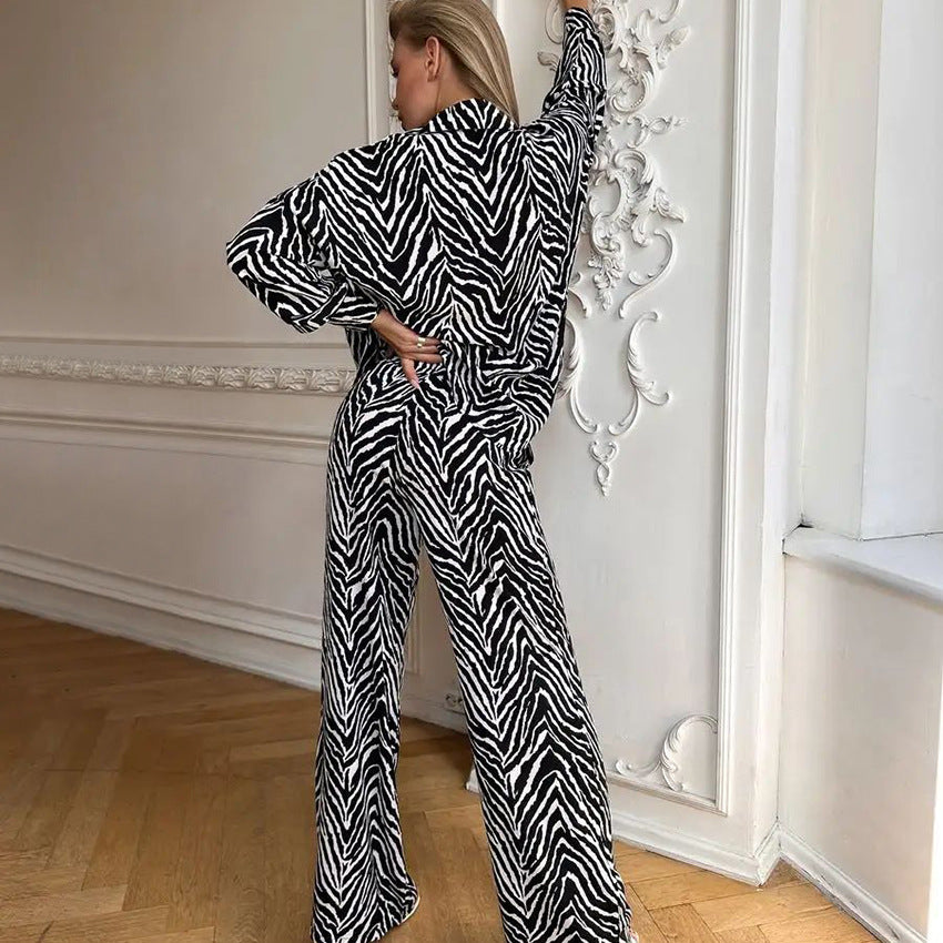 Striped Printed Long Sleeves Trousers Home Wear Two Piece Set Casual Cardigan Comfortable Suitable for Daily Wear Women