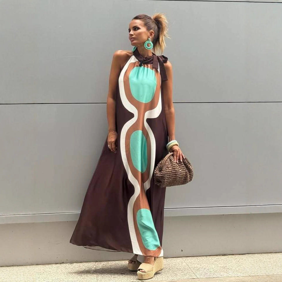 Summer Printing Halter Lace-Up A Swing Vacation Dress