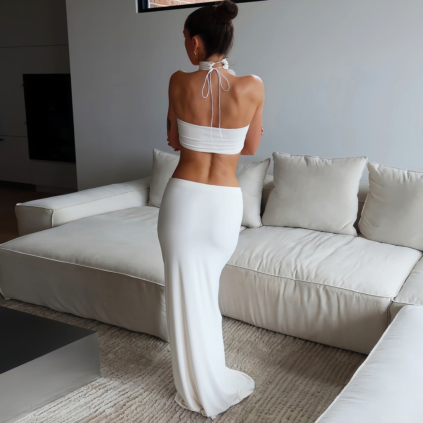 Summer Women Irregular Asymmetric Turtleneck Patchwork Feather Tube Top Sexy Sheath Skirt Sets