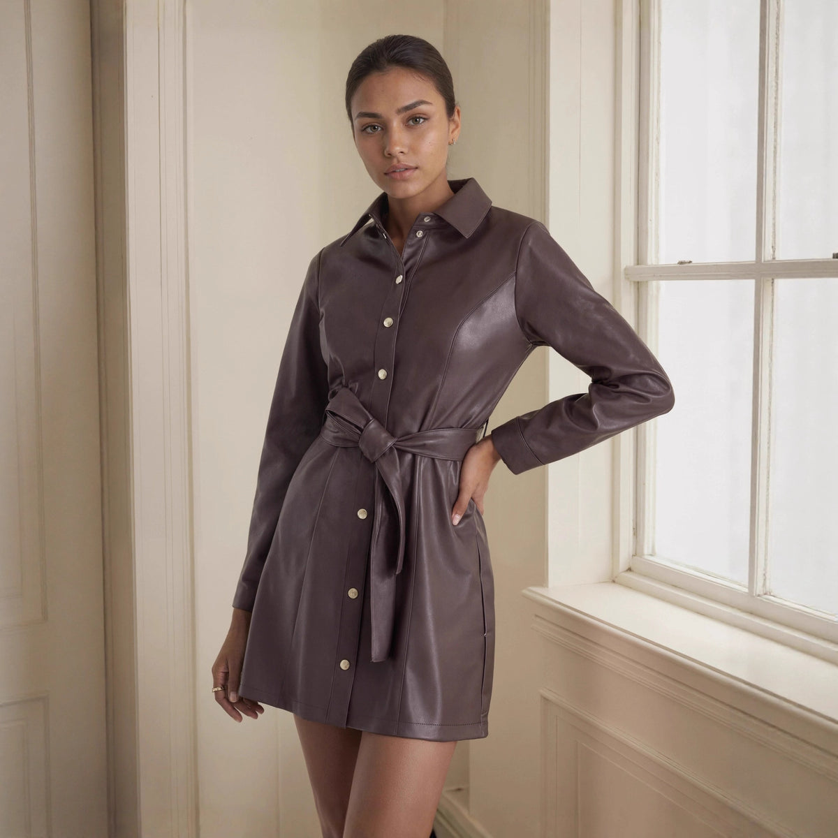 Dress Belt Long-Sleeve Faux Leather Trench Coat British Leather Coat
