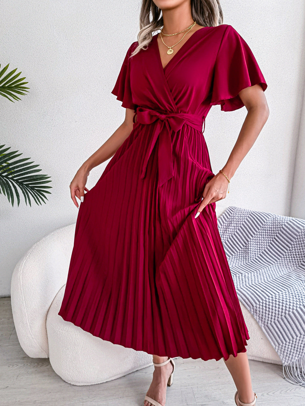 Spring Summer Elegant Criss Cross V-neck Swing Pleated Dress Women's