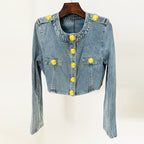 Round Neck Lion Buckle Ultra Short Wash Denim Jacket Coat
