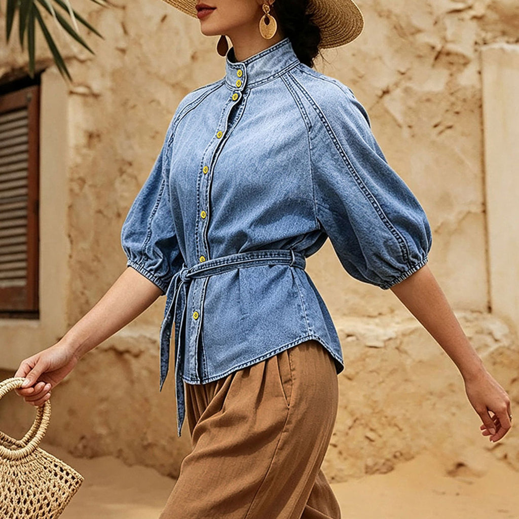 Women's Cropped Denim Stand-Collar Puff Sleeve Shirt
