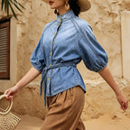 Women's Cropped Denim Stand-Collar Puff Sleeve Shirt