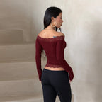 Women's Burgundy Off-Shoulder Lace Long-Sleeve Top