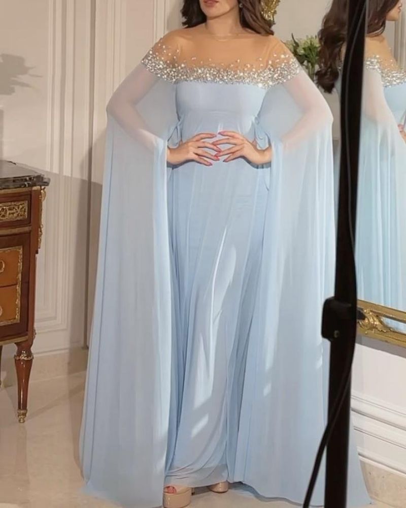 Women's Rhinestone Chiffon Long Sleeve Cutout Maxi Dress