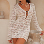 White long-sleeve crochet dress with V-neck and button-front placket
