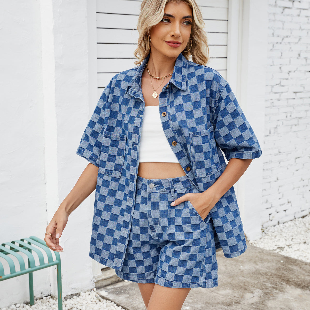 Women's Summer Thin Washed Casual Loose Denim Plaid Shirt Short Sleeve