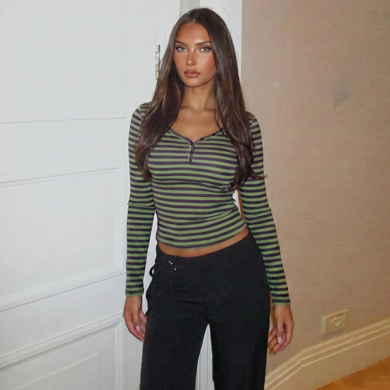 Women's Striped Contrast Long-Sleeve Top