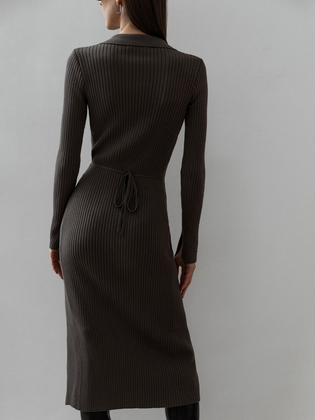 Split Strap Thread Knitted Dress Midi Autumn Winter Polo Collar Long Sleev