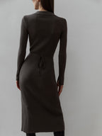 Split Strap Thread Knitted Dress Midi Autumn Winter Polo Collar Long Sleev