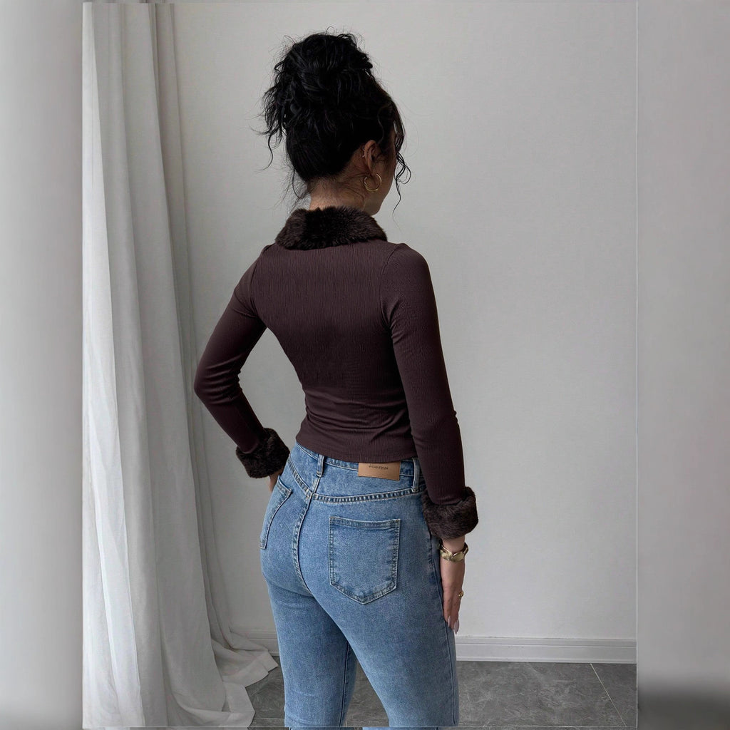 Women's Faux Fur Collar Button Front Top