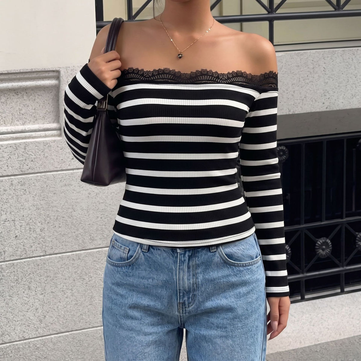 Women's Off-Shoulder Striped Lace Top